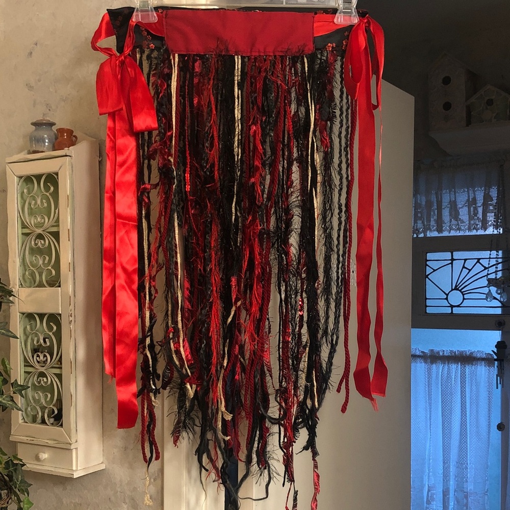 Red and Black Ribbon Fringe yarn belly dance skirt medium large adjustable ties